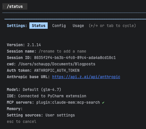 Claude Code status output confirming GLM models are active after restart